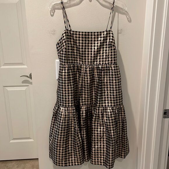 J.Crew Factory gingham Lurex tiered gold/black dress size 0 - Picture 3 of 12